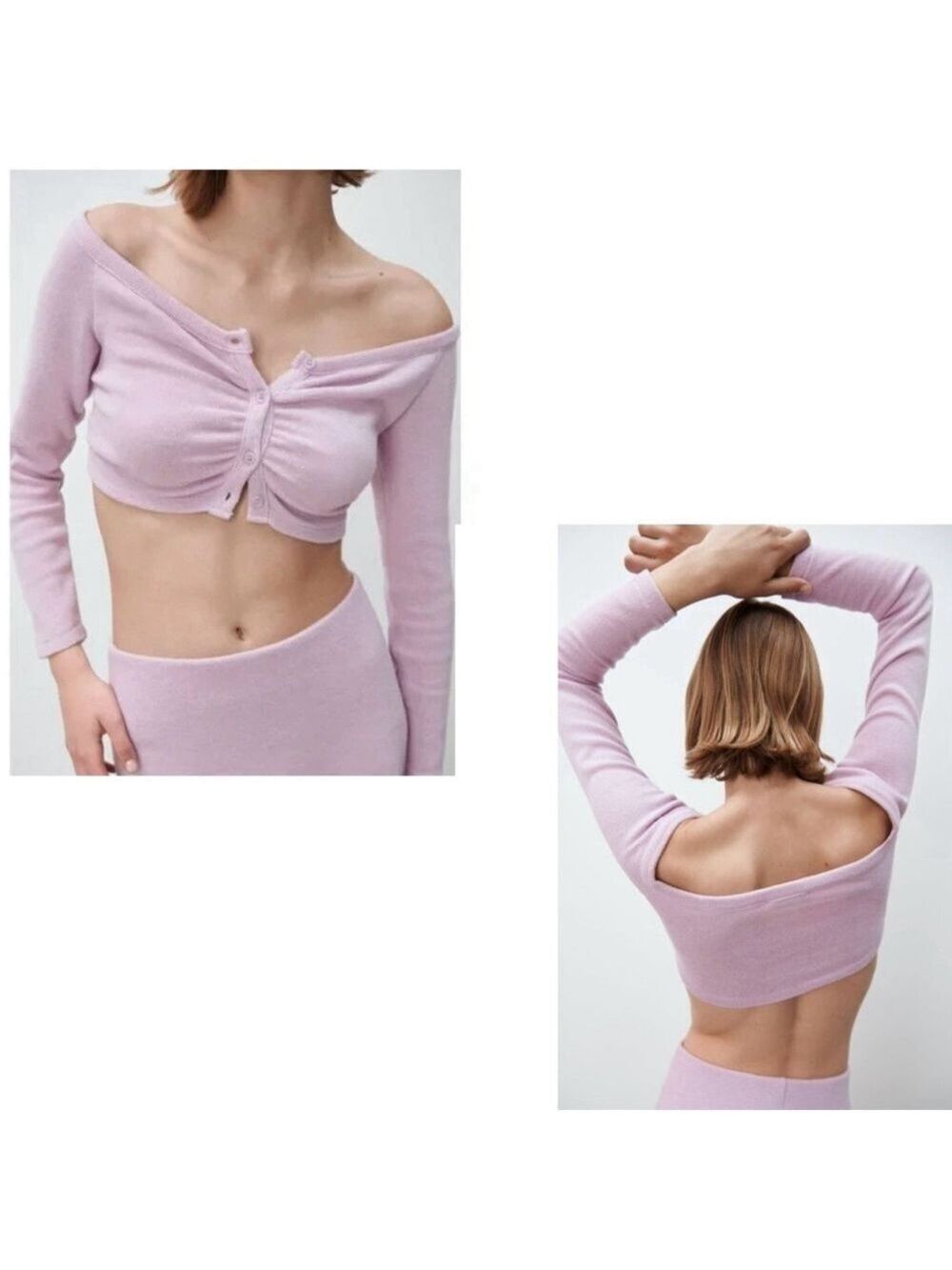 Zara Lilac purple long sleeve off the shoulder cropped sweater top button front